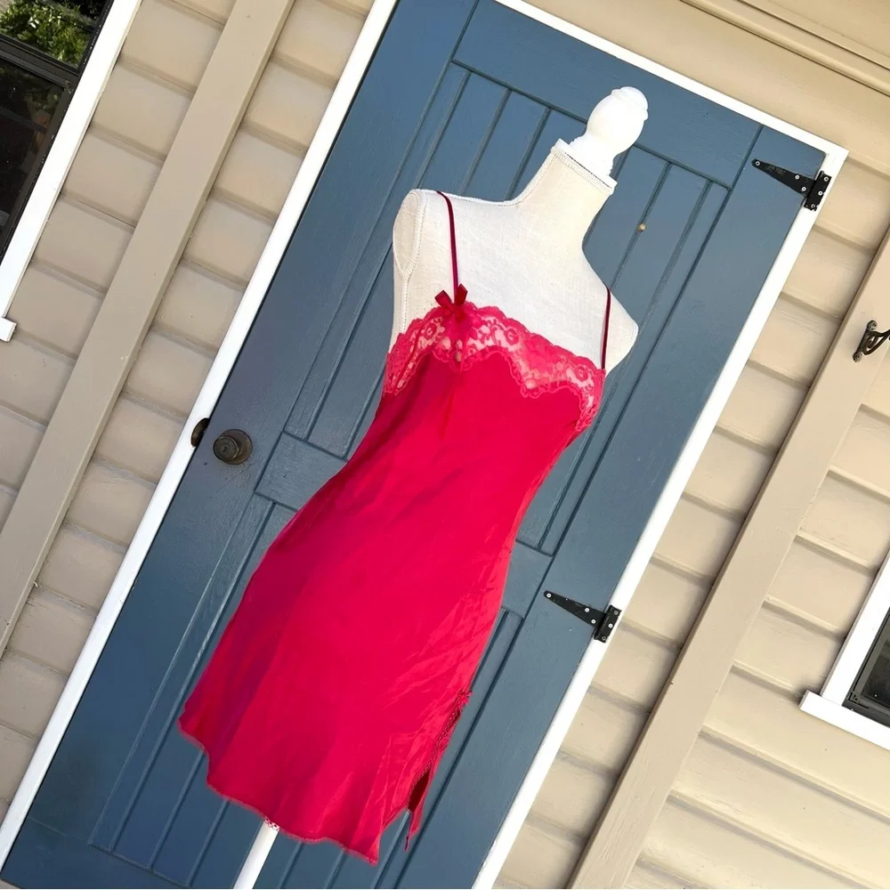 Vintage Victoria's Secret Satin Slip Dress Lace Trim and a Side slit Women’s XS